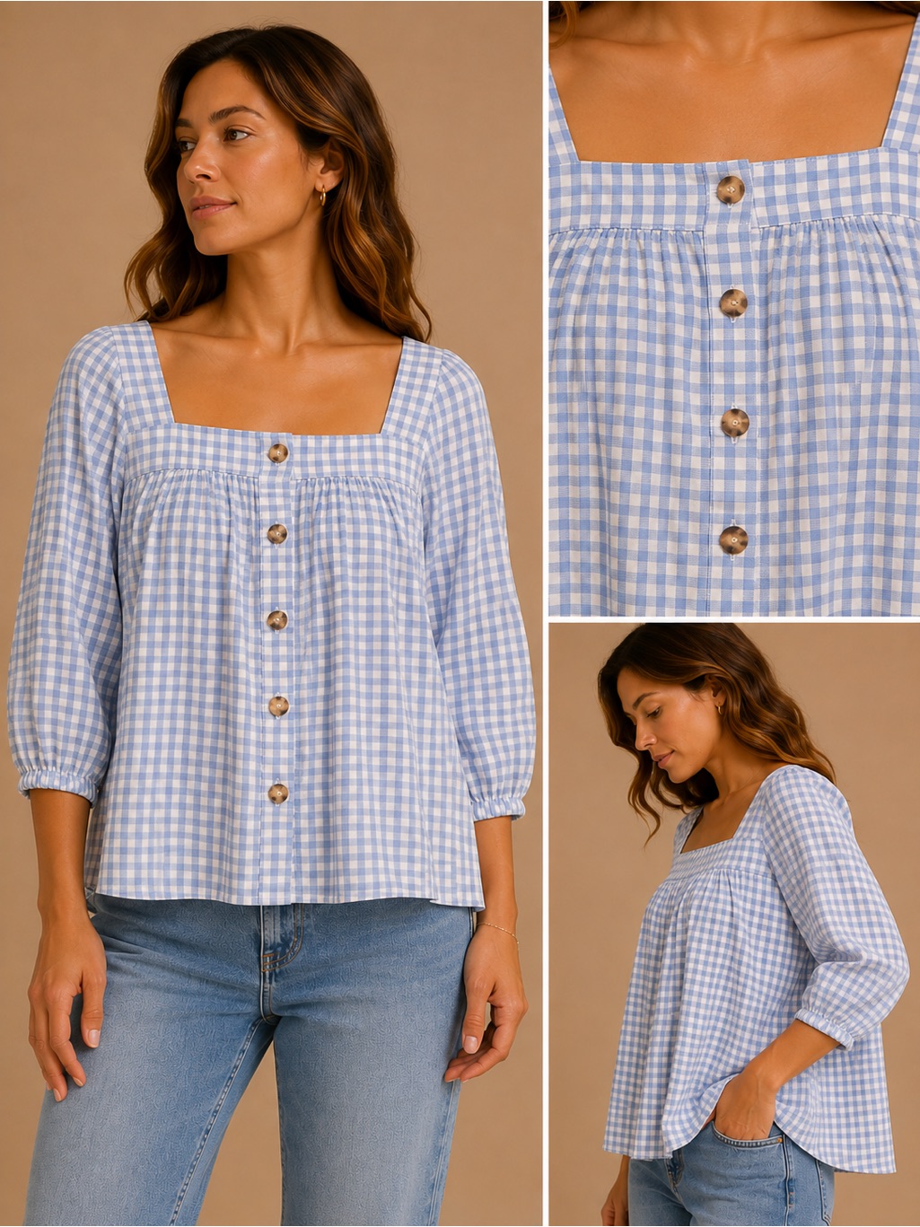 Sunny Leigh Gingham Button Detail Peasant Blouse Blue Size Large
